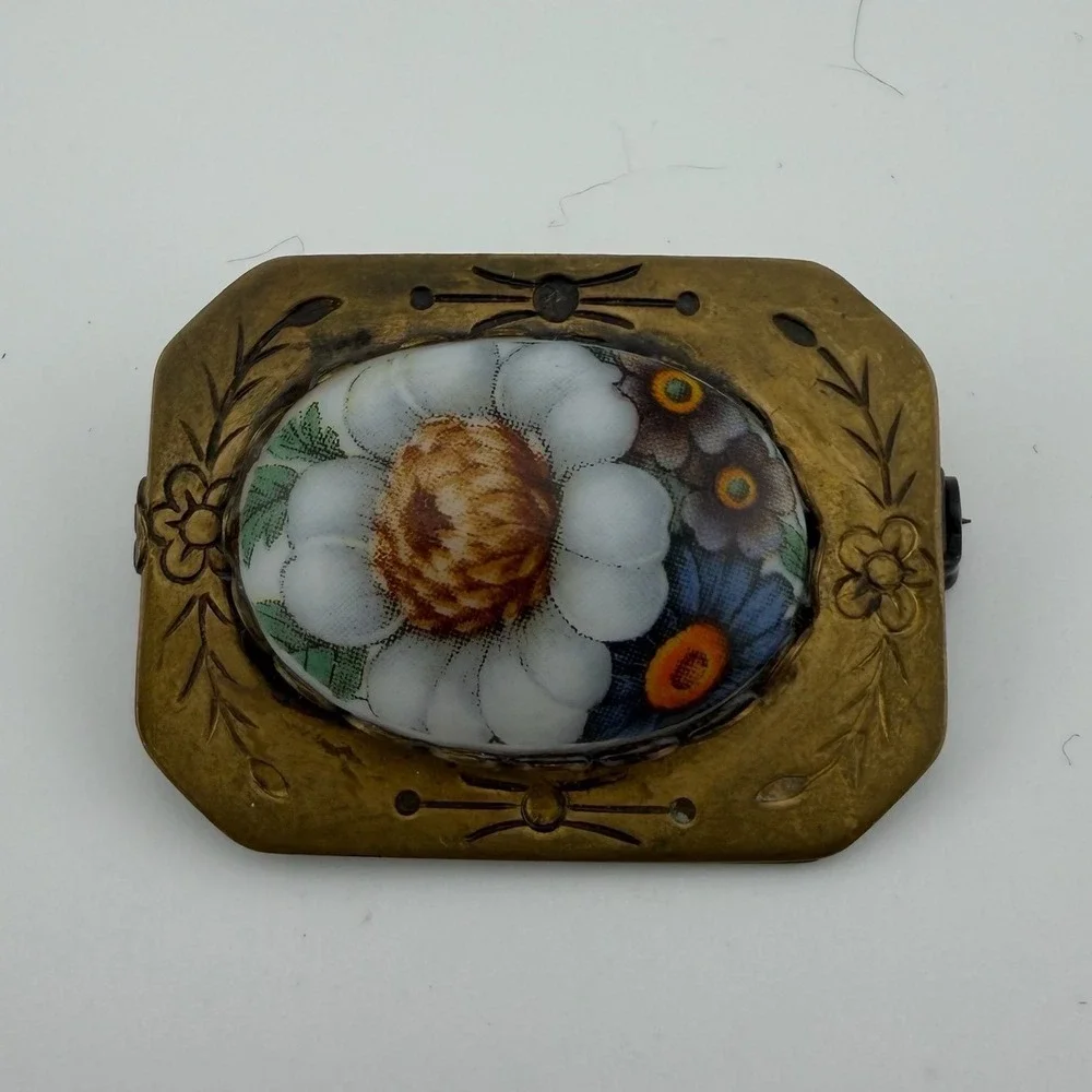 Vintage Antique Brass Porcelain Flower Brooch Pin Hand Painted Victorian Style